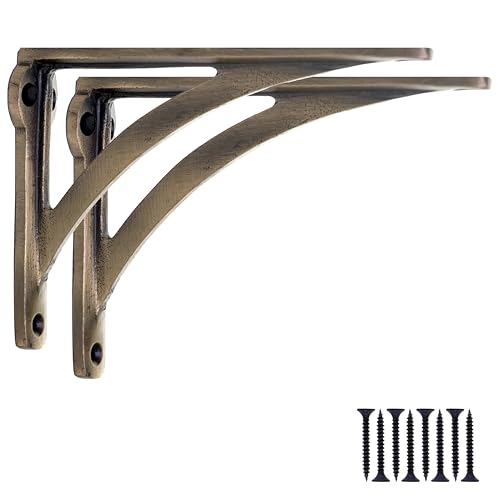 EDUWURXS Ironbridge Cast Iron Antique Brass Shelf Brackets | Heavy Duty Wall Brackets for Shelves | Rustic Supports for Kitchen, Living Room & Outdoor | 4x5.5 (Pack of 2)