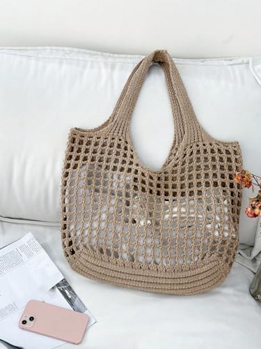 Image of SweatyRocks Women's Crochet Beach Mesh Tote Bags Retro Hobo Knitted Fishnet Handbags Khaki one-size