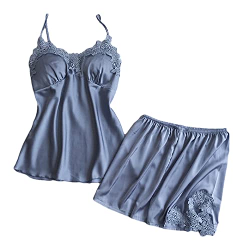 Ensemble de chemise de nuit grise haut de gamme avec col V et dentelle raffinée M