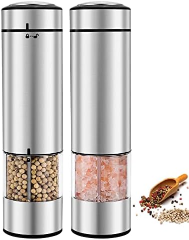Electric Salt and Pepper Grinder Set Battery Operated, Automatic Refillable Stainless Steel Salt Grinder, 70ml Pepper Container, One Hand Operation, LED Light, Adjustable Coarseness, 2 Pack