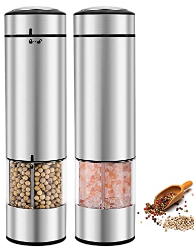 Electric Salt And Pepper Grinder Set Battery Operated, Automatic Refillable Stainless Steel Salt Grinder, 70Ml Pepper Container, One Hand Operation, Led Light, Adjustable Coarseness, 2 Pack #TOP13