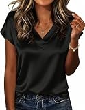 Zeagoo Shirts for Women Short Sleeve Satin Silk Blouses Business Work Tops 2026 Fashion Summer Clothes Black