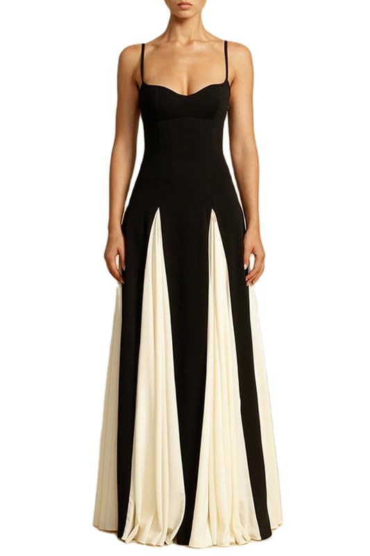 NUFIWI Elegant Sleeveless Color Block Pleated Maxi Dress Low Cut