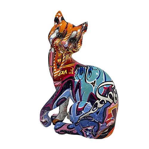 Cxyang Colorful Cat Statue,Creative Graffiti Art Multicolor Cat Figurine,Resin Indoor Home Decor Splash Color Animal Sculpture Ornament Kitten Figurine Modern Home Office Desktop Decoration (B) #TOP1