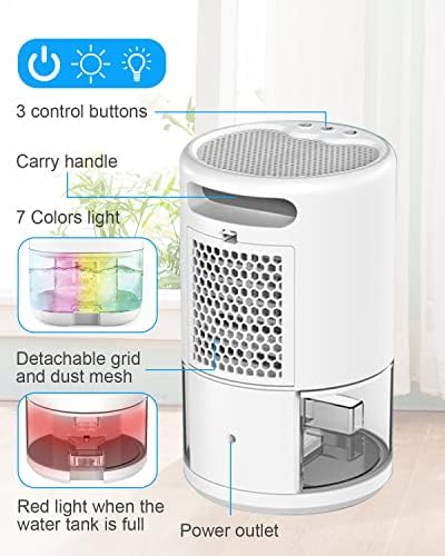 Dehumidifier, Round 1000ML Dehumidifiers for Home Damp, 7 Colour LED Light Small Portable Desiccant Dehumidifiers for Bedroom, Quiet Mini Air Bathroom Dehumidifier Machine with Auto Shut Off for House