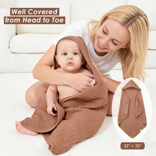 Image of Ease Cubs 3-Pack Muslin Hooded Baby Towels, 100% Cotton, Ultra-Soft & Absorbent Baby Bath Towels with Hood for Babies, Infant, Toddler and Newbron (Bean Paste Series,32 inch x 32 inch)