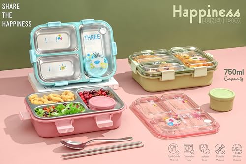 Image of Brand Conquer Lunch Box Leak-Proof BPA Free Stainless Steel for School, Lunch Box for School & Office with a Fork, a Spoon and a Pair of Chopsticks (Classic Blue, Happiness 3 Compartment Lunch Box)