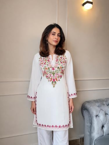 Image of GoSriKi Short Kurti for Women Viscose Embroidered | Kurti for Woman Regular Fit | Round Neck V Slit Full Sleeve Stylish Ladies Top Ethnic Wear Womens Clothing Trendy Kurta Tops