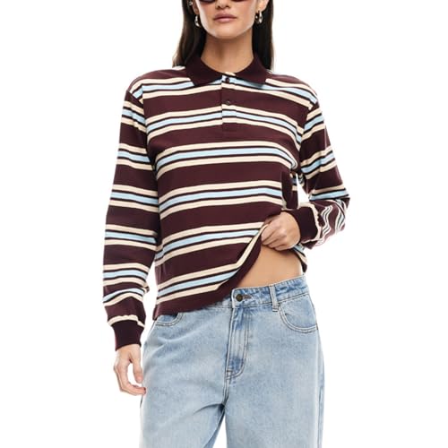 Women's Striped Rugby Shirts Button Up Y2k Long Sleeve Vintage Tee Polo Shirt Preppy Top for Teen Girls Grunge Clothes Brown