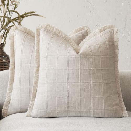Image of Foindtower Set of 2 Decorative Linen Check Fringe Throw Pillow Covers Farmhouse Vintage Cushion Covers Modern Boho Home Decor for Sofa Chair Couch Bedroom Living Room,18x18 Inch,Natural Beige