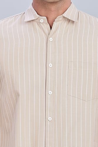 Image of MILDIN Men's Pure Cotton Striped Printed Shirt with Spread Collared Neck Full Sleeve Curved Hemline Button Closure and Regular Fit | Shirt for Man