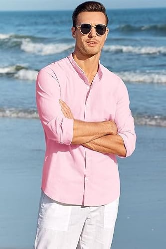Runcati Męska koszula lniana z długim rękawem, na lato, na plażę, do noszenia na co dzień, regularny krój, koszula rekreacyjna, Rosa, XXL