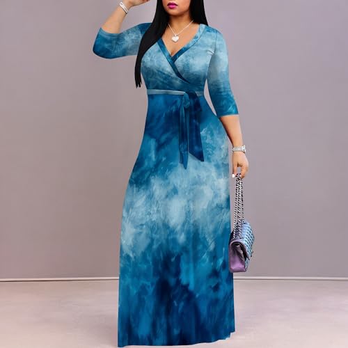 Image of PinkPatty Women's Print Maxi Dresses 3 /4 Sleeve Flowy Long Dress V Neck Wrap Tie Waist Sundress