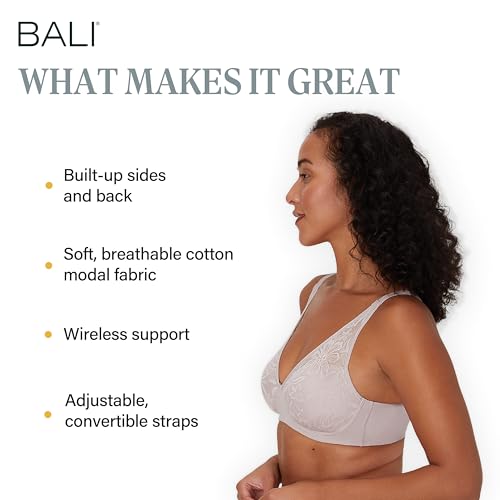 Image of Bali Women's Wireless Bras for Women - Breathe Lace Cotton Modal No Underwire Bra, Adjustable T-Shirt, Plus Size