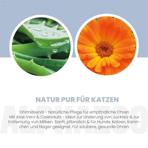 alphazoo Ohrmilbenöl für Katzen 100 ml – sanfte, alkoholfreie Ohrenpflege mit Aloe Vera & Calendula | pflegt empfindliche Ohren, leicht anzuwenden & gut verträglich | unattraktiv für Milben