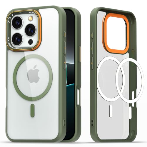 Image of Pikkme Back Cover for iPhone 16 Pro | Shockproof | Mag-Safe Compatible | Hard Transparent Back | Premium Raised Camera Protection | Bumper Case (Green Mag-Safe)