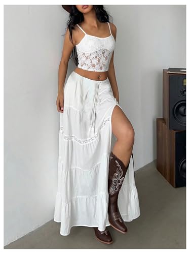 SOLY HUX Women's Summer Split Maxi Skirt Tie Front Elastic Waist Lace Ruffle Hem Long Flowy Skirts4