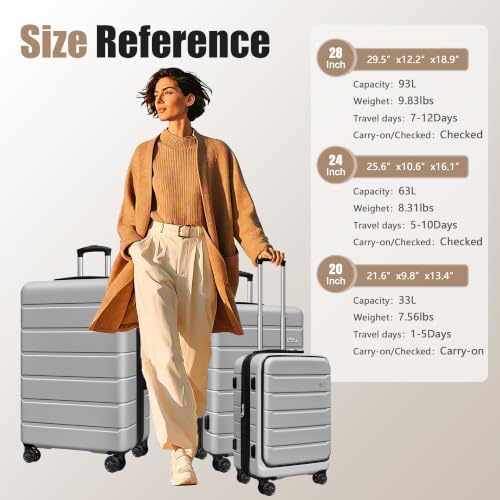 Image of KEYTANG SmileLine 3-Piece Luggage Set Lightweight Hardside Suitcase TSA Lock Spinner Wheels, 20 inch Expandable Carry-On Luggage with Quick Access Front Open Pocket, Bonus Makeup Bag,Silver