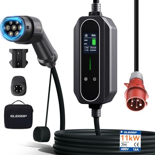 ELEGRP 11kW Mobile Wallbox mit Typ 2 Ladekabel, 3-Phasen EV Ladegerät, 6-16A Einstellbar, 7m Kabel, IP67 Wasserdicht, Mobile Ladestation IEC 62196-2 für Zuhause & Unterwegs, Plug a