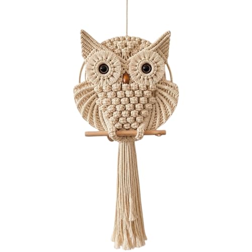 Image of tms Bohemian Owl Macrame Wall Hanging, Handcrafted Boho Chic Accent, Yellow Light, 30.5 x 58.4 cm, for Home, Office, or Living Room