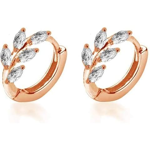 CZ Leaf Cartilage Huggie Small Hoop Earrings for Women Girls 925 Sterling Silver Cubic Zirconia Cluster Leaves Round Studs Tragus Pierced Ear Endless Hoops 8mm (Rose Gold) Cover