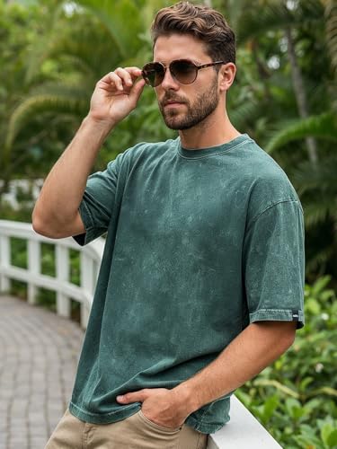Image of Bewakoof Men's Self Design Oversized Fit Half Sleeve Round Neck Pure Cotton Acid Wash T-Shirt