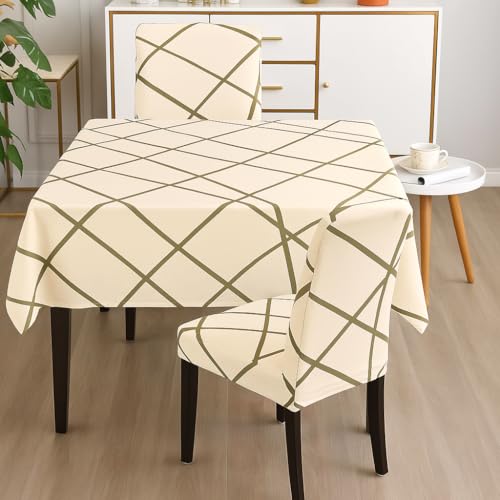 Image of Styleys Dining Table Cover Waterproof with for Kitchen Dining Table Cloth Dust and Oil Repellent (140x180, 1 Table Cover Only, Beige Line, CTSD3147)