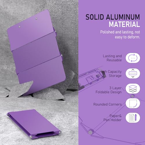 Image of Clipboard Foldable Without Edition Cheat Charts, 3 Layers Aluminum, Nurse Board w /Low Profile Clip&Pen Clip Pocket, Purple
