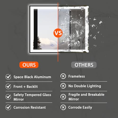 40x36 Lighted Bathroom Mirror, Wall-Mounted, Black Rim Mirror, Vanity(Front and Backlit), Stepless Dimmable CRI90+, Anti-Corrosion, Anti-Rust, Touch Sense, Memory(Horizontal/Vertical)