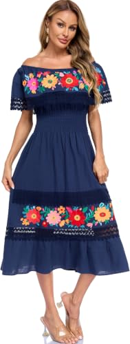 Image of YZXDORWJ Women Embroidered Mexican Peasant Casual Sexy Lace Off-Shoulder Long Dress