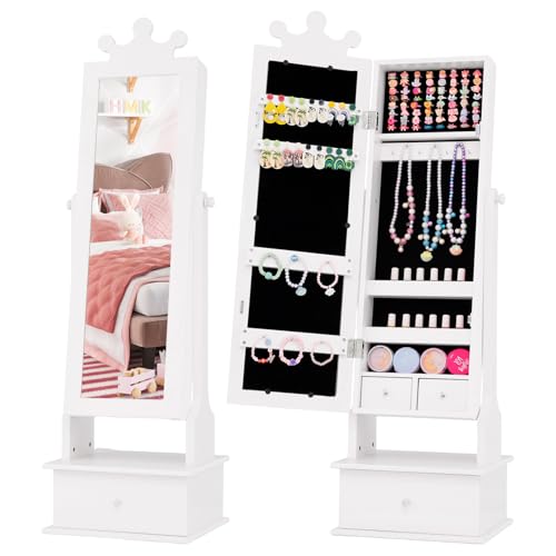 Costzon Kids Jewelry Armoire Cabinet, 45” Standing Jewelry Organizer with Full-Length Mirror, 3 Storage Drawers, Kids Vanity Dress Up Mirror Jewelry Cabinet for Girls (White)