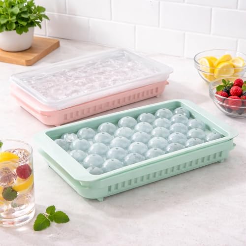 HomeWiz Ice Cube Tray Set of 2 | Mini Round Ice Cube Tray with Lid | Ball Ice Maker For Juice, Mocktails, Whiskey, Cocktails, Cold Tea & Coffee | Food Grade 33 Cavity Tray | Easy Release | Blue & Pink