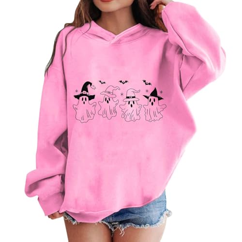 Girl Halloween Hoodies Cute Oversized Ghost Print Hooded Pullover Loose Spooky Season Long Sleeve Sweatshirt2