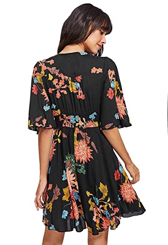 Milumia Women's Vintage Boho Button Up Split Floral Print Flowy Party Dress A Black Large #TOP1