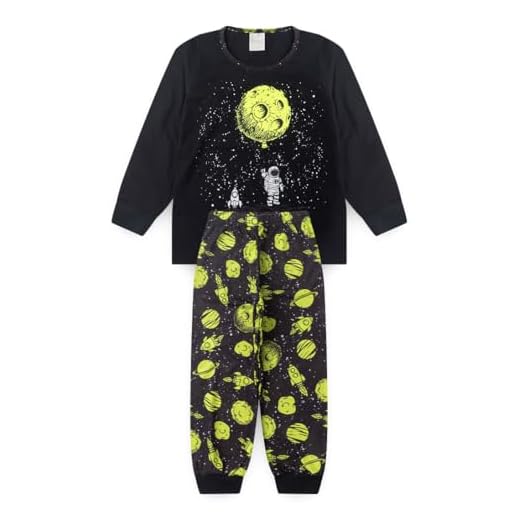 Pijama Longo Infantil Menino Blusa e Calça Astronauta Lunar Brilha No Escuro (Preto, 4)