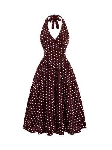 Image of Aahwan Polka Dots Halter Long Dress Backless A Line Flared Vintage Party Club Dresses for Women's & Girl's