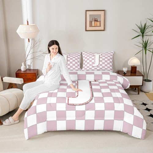 Image of Erosebridal Pink Initial J Toddler Bedding Set Kawaii Plaid Checkered Comforter Set for Kids Girls Teen Women Cute Personalized Monogram Down Comforter,Fashion Grids Gingham Quilt Duvet