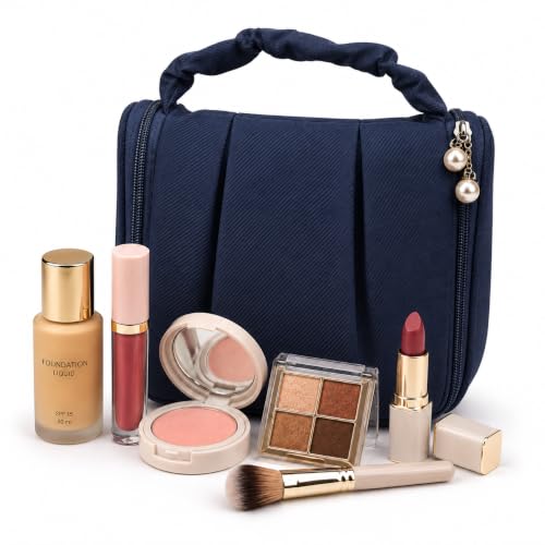 Image of Cortina Large Travel Toiletry & Makeup Organizer Bag - for Men & Women - Portable Cosmetic Storage Bag with Handle & Zipper Closure - Dark-Blue