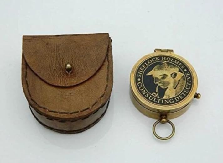 Brújula de bolsillo de latón Sherlock Holmes con funda de cuero – Coleccionable de detective consultor miniatura 4