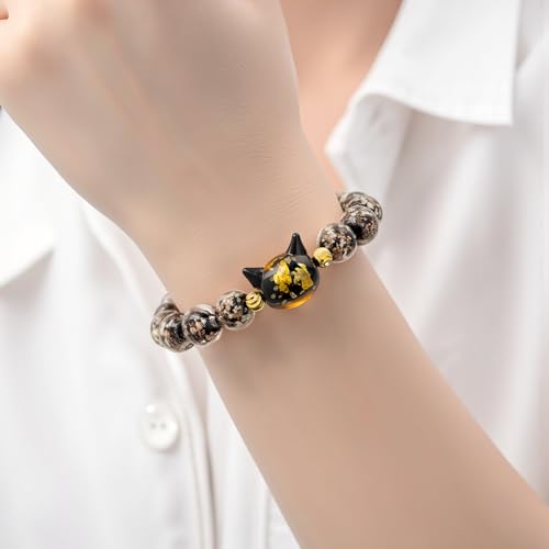 Firefly Glass Beads Bracelet, Cute Money Attract Cat Bracelets, Cats Lover Gifts Spiritual Protection Gifts for Women, Teen, Mom, Daughter, Sister, Best Friends with Gift Cards3