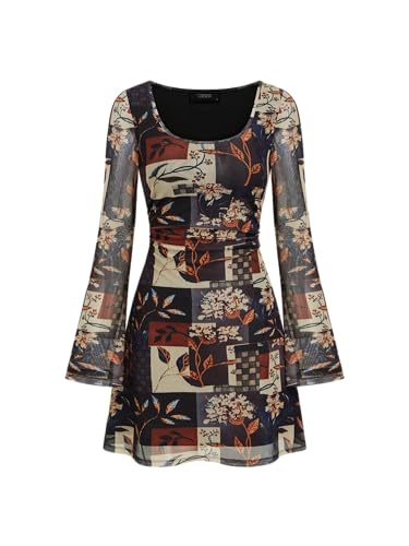 CIDER Women Bell Sleeve Floral Dress Y2k Boho Mesh Mini Dresses Bodycon Fall Fashion Going Out Party Date Night Outfit
