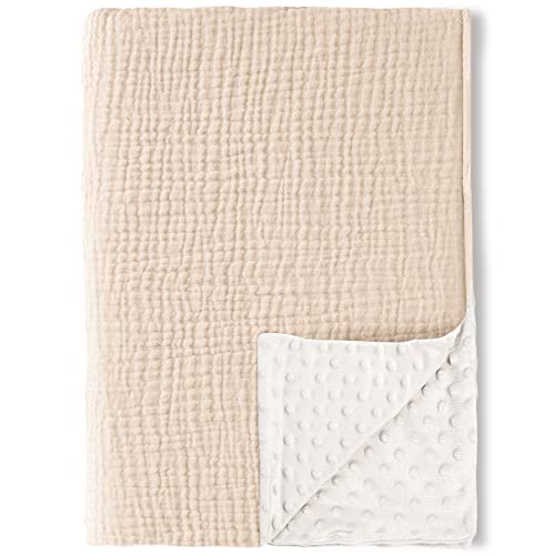 Image of Konssy Baby Blankets for Unisex Boys Girls, Super Soft Nursery Minky Blankets with Muslin Cotton Front and Dotted Fleece Backing, Printed Bed Throws Newborn(Beige)