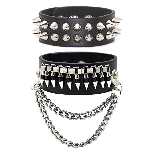 Xusamss 2PCS Punk Alloy Rivet Bracelet Bullet Wristband Chain Leather Cuff Bracelet,7 1/2 Wrist