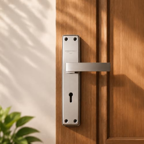 Image of Amazon Basics Mortise Door Lock Handle Set | Brass Mortise Lock Body | 100,000 Cycle Durability Tested | Suitable for Left & Right Handed Doors | Satin Steel Finish | Includes 3 Keys