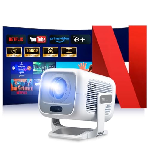 Beamer 4K [ Kompatibel mit Netflix | Dolby Audio] 700 ANSI Smart-Projektor für Heimkino, Full HD 1080P, Autofokus, vertikale Trapezkorrektur fürs Auto, Kurzdistanzprojektor (Weiß)