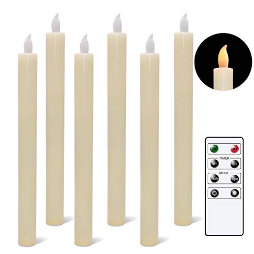 Flameless Flickering Taper Candles, LED Taper Candles Battery Operated Windows Candlesticks Ivory with Remote and Timer Pack of 6 Real Wax Home Wedding Party Decoration Light