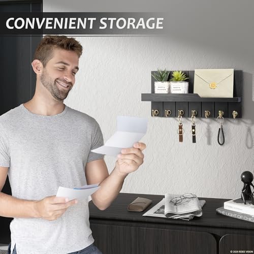 Rebee Vision Decorative Key and Mail Holder for Wall - Farmhouse 15 Inches Floating Shelf with 7 Sturdy Key Hooks for Home Entryway Wall Decor - Rustic Key Racks (Black,15-inch)