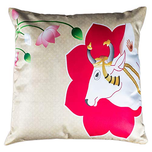 Image of Rajasthani Satin 250TC Cushion Pillow Covers, Multicolour, Set of 5 (12X12 Inches with Fillers, Lotus Cow)