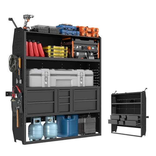 MELIPRON Cargo Van Shelves with Drawers, Fit for Ford Transit, Ram Promaster, Chevy Express, Nissan NV, Sprinter Mid/High Roof, Adjustable Heavy‑Duty Steel Van Shelving, 52" W x 60" H x 13" D