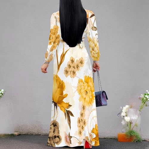 Image of Women's Maxi Dresses Yellow Fall Plus Size Church Floral Long Sleeve Wrap Formal Dress Boho Wedding Garden Party